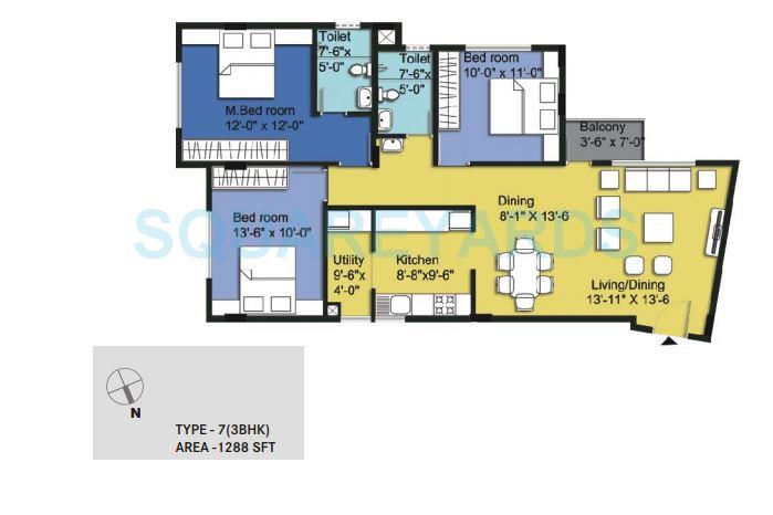 Floor plan of 3 BHK 1288 Sq. Ft. Apartment in Century Pragati, Bangalore