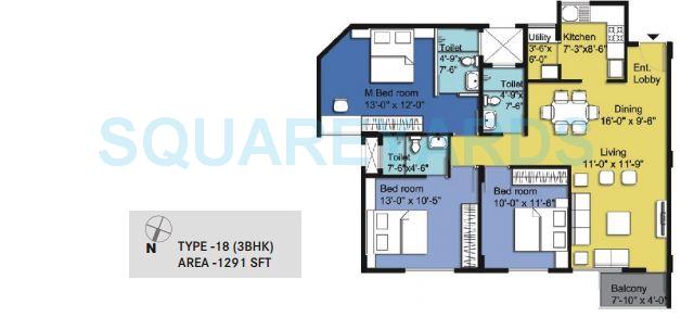 Floor plan of 3 BHK 1291 Sq. Ft. Apartment in Century Pragati, Bangalore