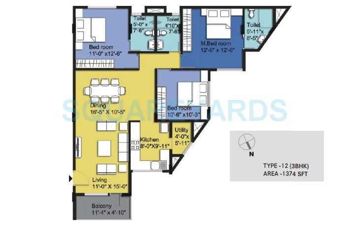 Floor plan of 3 BHK 1374 Sq. Ft. Apartment in Century Pragati, Bangalore
