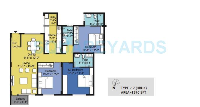 Floor plan of 3 BHK 1390 Sq. Ft. Apartment in Century Pragati, Bangalore