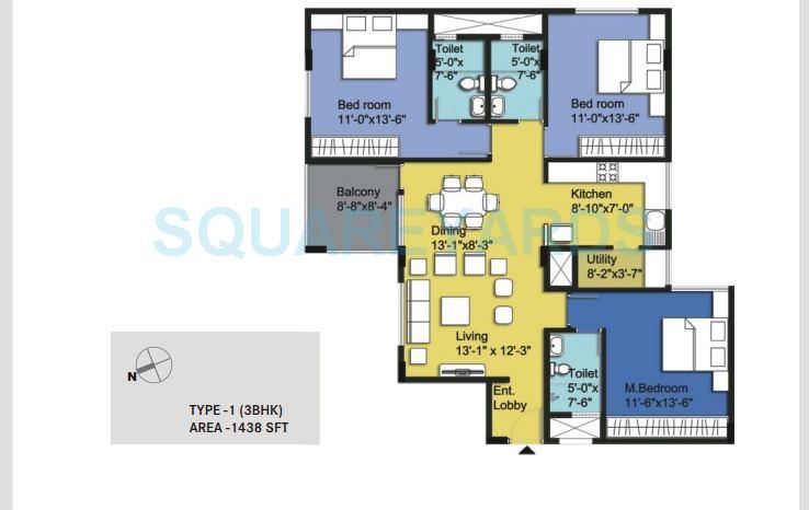 Floor plan of 3 BHK 1438 Sq. Ft. Apartment in Century Pragati, Bangalore