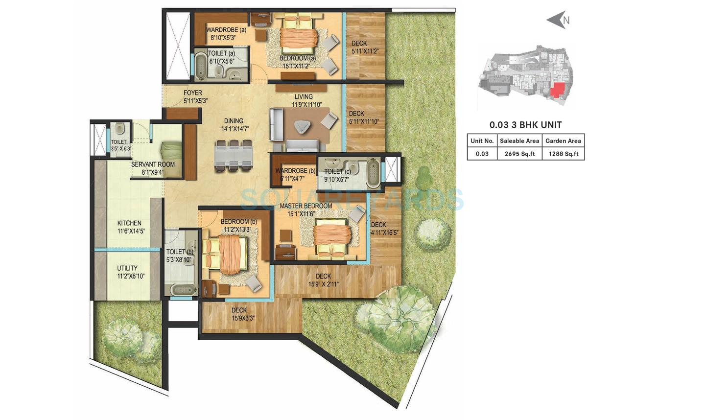 Floor plan of 3 BHK 2695 Sq. Ft. Apartment in Century Renata, Bangalore