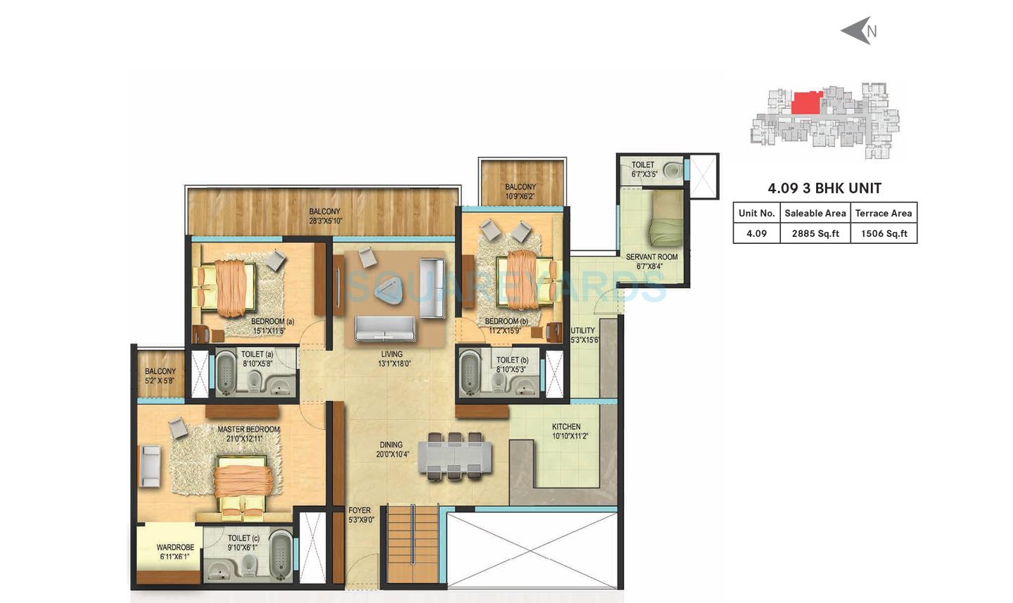Floor plan of 3 BHK 2885 Sq. Ft. Apartment in Century Renata, Bangalore