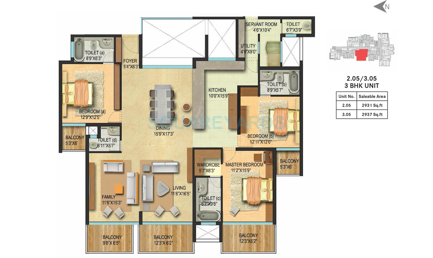 Floor plan of 3 BHK 2931 Sq. Ft. Apartment in Century Renata, Bangalore
