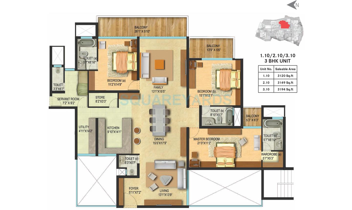 Floor plan of 3 BHK 3194 Sq. Ft. Apartment in Century Renata, Bangalore