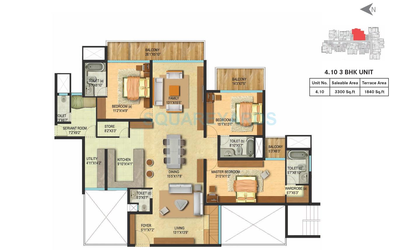 Floor plan of 3 BHK 3300 Sq. Ft. Apartment in Century Renata, Bangalore