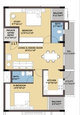 Floor plan of 2 BHK 1082 Sq. Ft. Apartment in Certainant Celestia, Bangalore