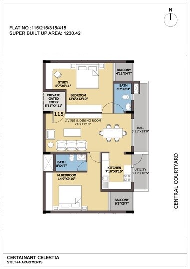 Floor plan of 2 BHK 1230 Sq. Ft. Apartment in Certainant Celestia, Bangalore
