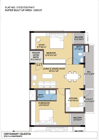 Floor plan of 2 BHK 1240 Sq. Ft. Apartment in Certainant Celestia, Bangalore
