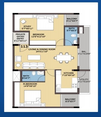 Floor plan of 2 BHK 1322 Sq. Ft. Apartment in Certainant Celestia, Bangalore