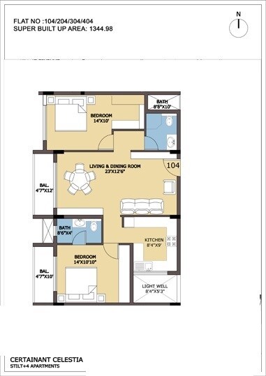 Floor plan of 2 BHK 1344 Sq. Ft. Apartment in Certainant Celestia, Bangalore