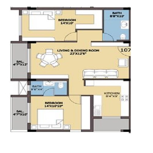 Floor plan of 2 BHK 1420 Sq. Ft. Apartment in Certainant Celestia, Bangalore