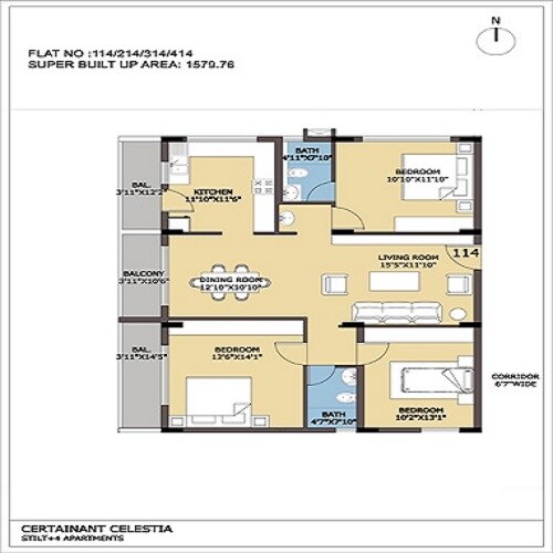 Floor plan of 3 BHK 1579 Sq. Ft. Apartment in Certainant Celestia, Bangalore