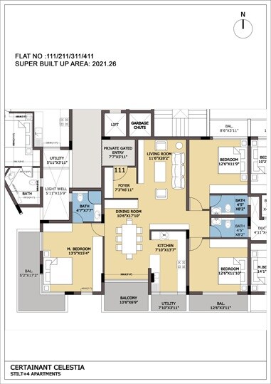 Floor plan of 3 BHK 2021 Sq. Ft. Apartment in Certainant Celestia, Bangalore