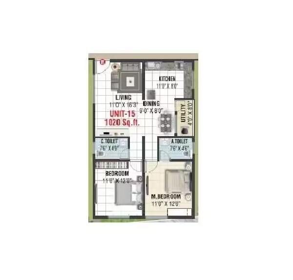 Floor plan of 2 BHK 1020 Sq. Ft. Apartment in Chaitrashree Lifestyle, Bangalore