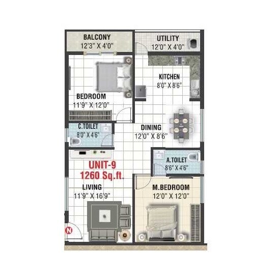 Floor plan of 2 BHK 1260 Sq. Ft. Apartment in Chaitrashree Lifestyle, Bangalore