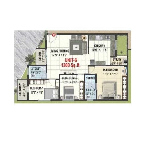 Floor plan of 3 BHK 1300 Sq. Ft. Apartment in Chaitrashree Lifestyle, Bangalore