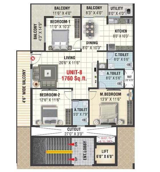 Floor plan of 3 BHK 1760 Sq. Ft. Apartment in Chaitrashree Lifestyle, Bangalore