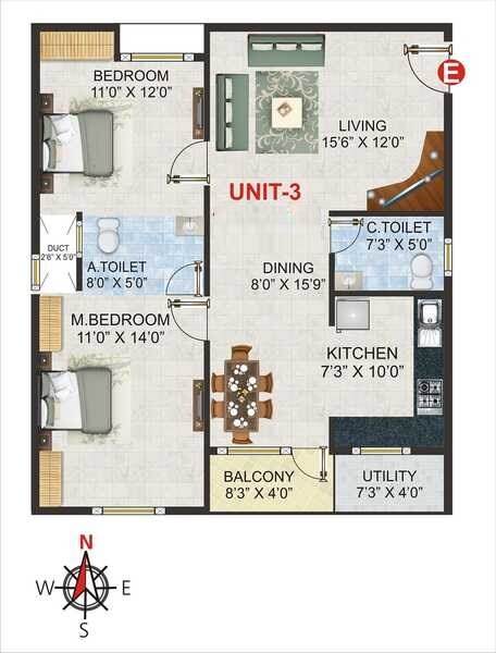 Floor plan of 2 BHK 1085 Sq. Ft. Apartment in Chaitrashree Royale, Bangalore