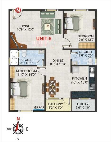 Floor plan of 2 BHK 1200 Sq. Ft. Apartment in Chaitrashree Royale, Bangalore