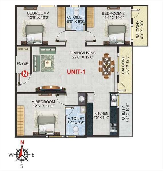 Floor plan of 3 BHK 1335 Sq. Ft. Apartment in Chaitrashree Royale, Bangalore