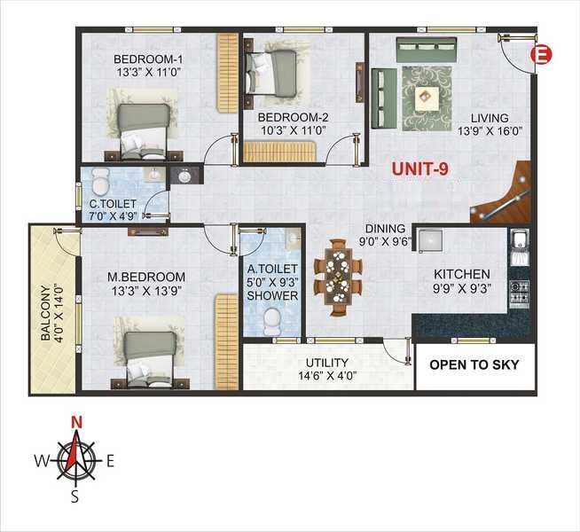 Floor plan of 3 BHK 1535 Sq. Ft. Apartment in Chaitrashree Royale, Bangalore
