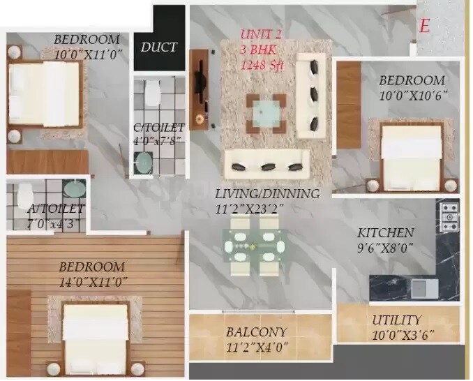 Floor plan of 3 BHK 1248 Sq. Ft. Apartment in Charith Moon Stone, Bangalore