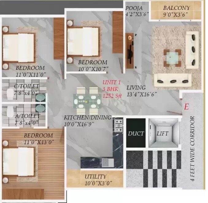 Floor plan of 3 BHK 1252 Sq. Ft. Apartment in Charith Moon Stone, Bangalore