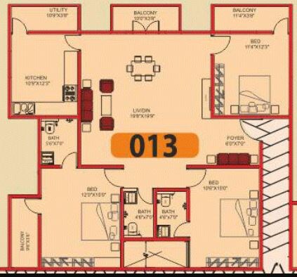 Floor plan of 3 BHK 2297 Sq. Ft. Apartment in Chourasia Sapphire Apartment, Bangalore