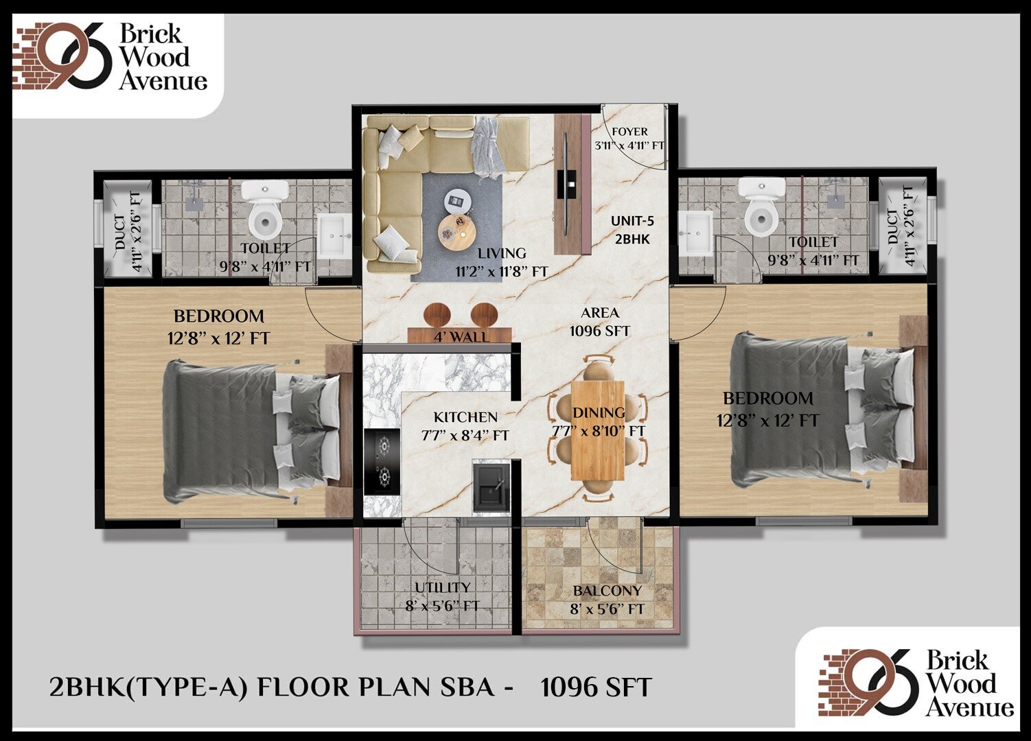 Floor plan of 2 BHK 1096 Sq. Ft. Apartment in Cinoti 96 Brick Wood Avenue, Bangalore