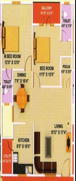 Floor plan of 2 BHK 1189 Sq. Ft. Apartment in Citadil River Oak, Bangalore