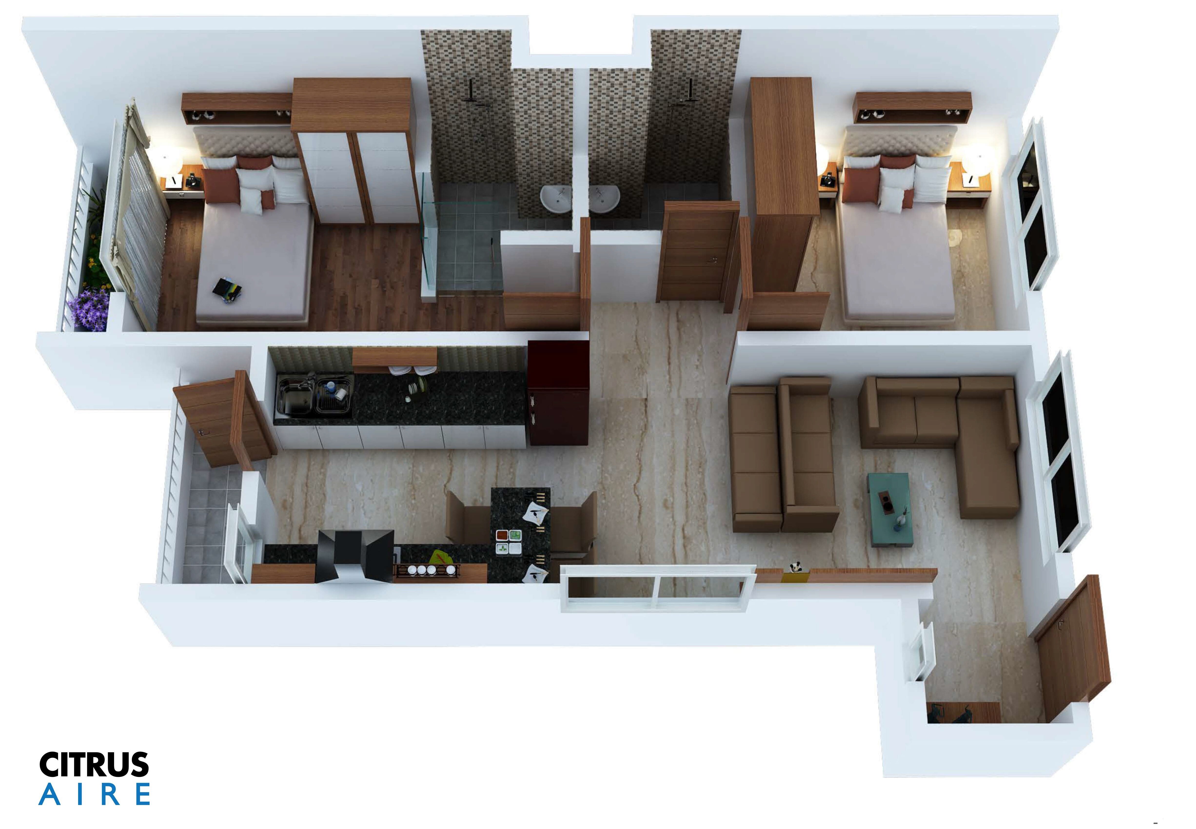 Floor plan of 2 BHK 689 Sq. Ft. Apartment in Citrus Aire, Bangalore