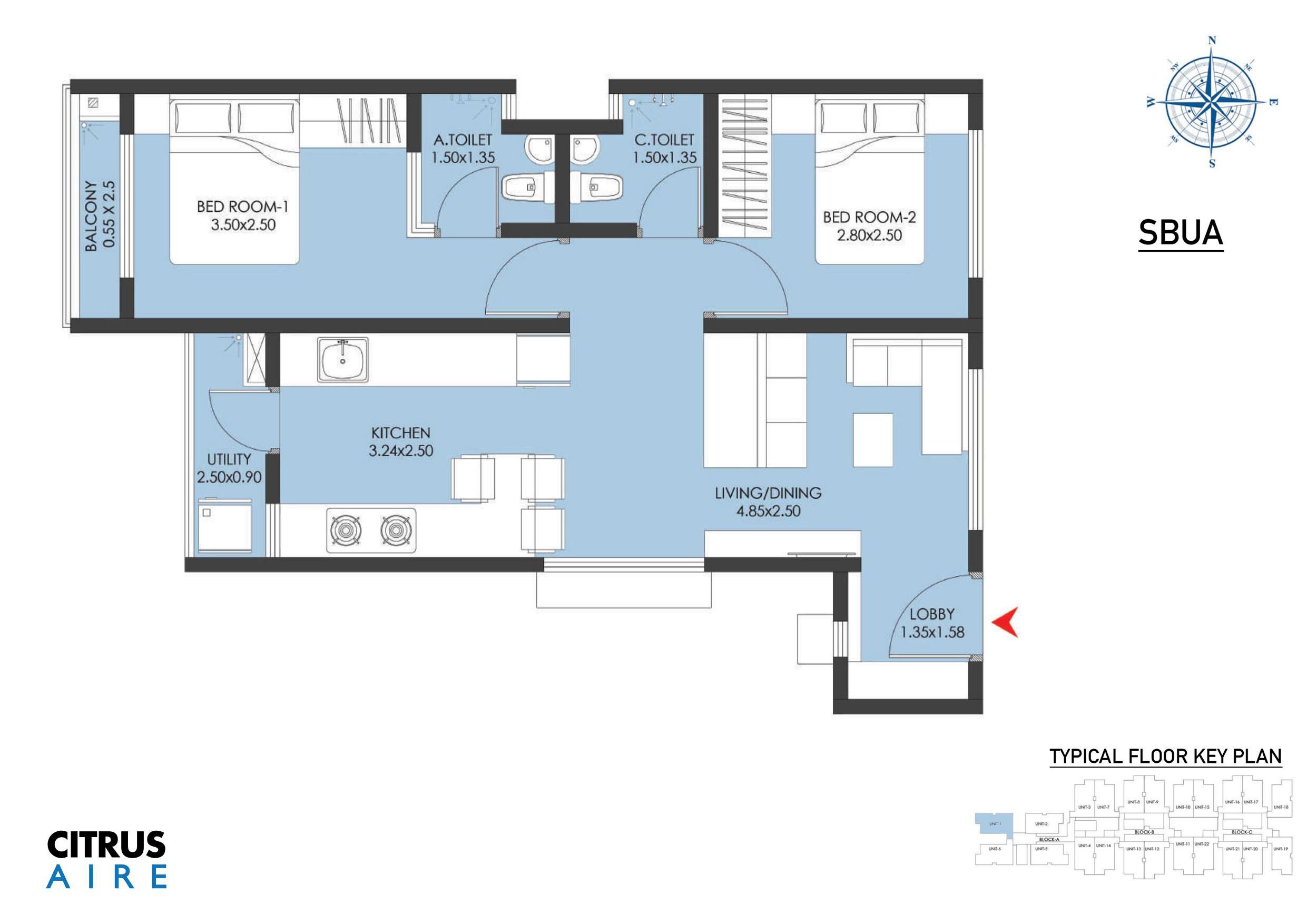 Floor plan of 2 BHK 733 Sq. Ft. Apartment in Citrus Aire, Bangalore