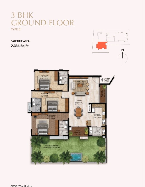 Floor plan of 3 BHK 2334 Sq. Ft. Apartment in CKPC Horizon, Bangalore