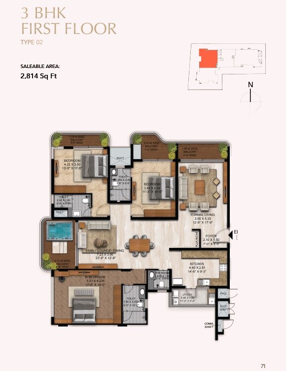 Floor plan of 3 BHK 2814 Sq. Ft. Apartment in CKPC Horizon, Bangalore