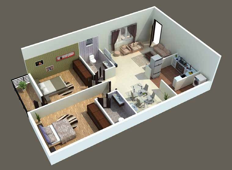 Floor plan of 2 BHK 1076 Sq. Ft. Apartment in CMRS Misty Winds, Bangalore