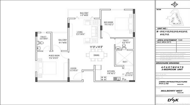 Floor plan of 2 BHK 1260 Sq. Ft. Apartment in CMRS Mulberry Mist, Bangalore