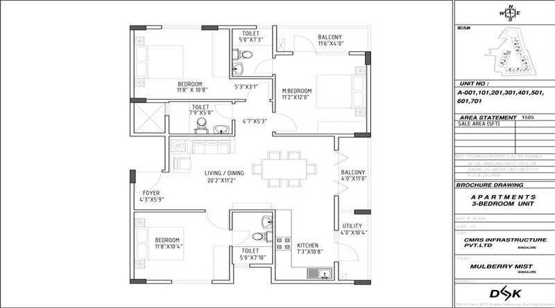 Floor plan of 3 BHK 1505 Sq. Ft. Apartment in CMRS Mulberry Mist, Bangalore