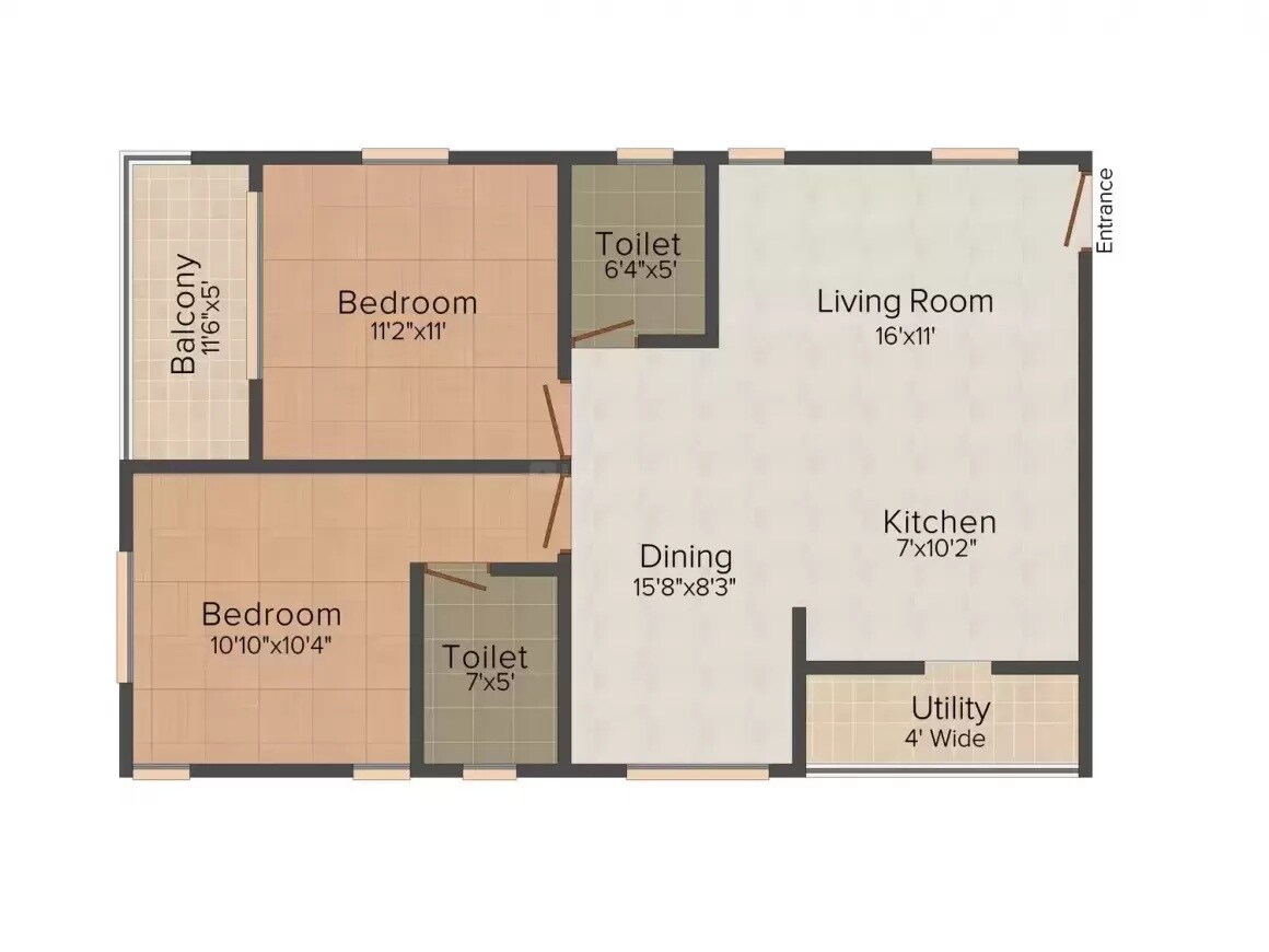 Floor plan of 2 BHK 990 Sq. Ft. Apartment in CMRS Pinnacle, Bangalore