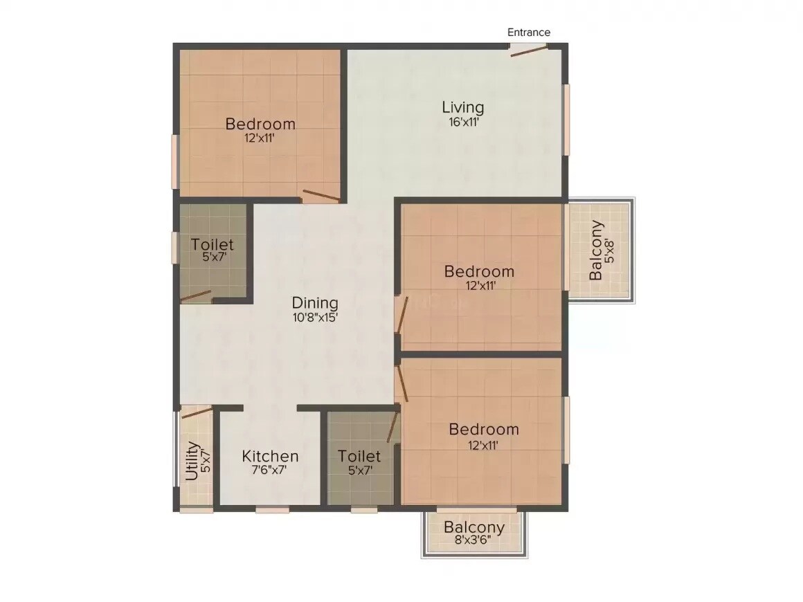Floor plan of 3 BHK 1331 Sq. Ft. Apartment in CMRS Pinnacle, Bangalore