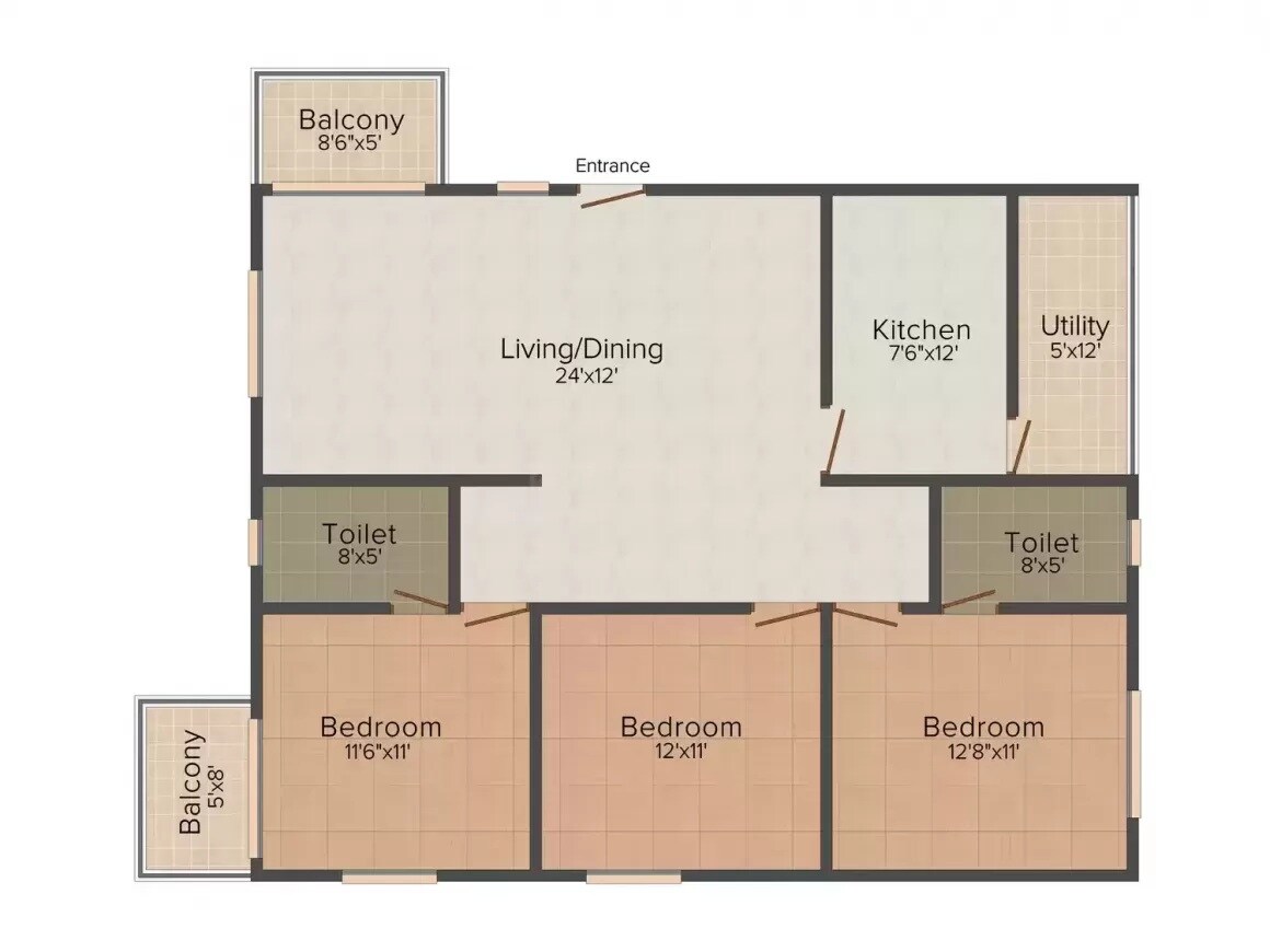 Floor plan of 3 BHK 1491 Sq. Ft. Apartment in CMRS Pinnacle, Bangalore