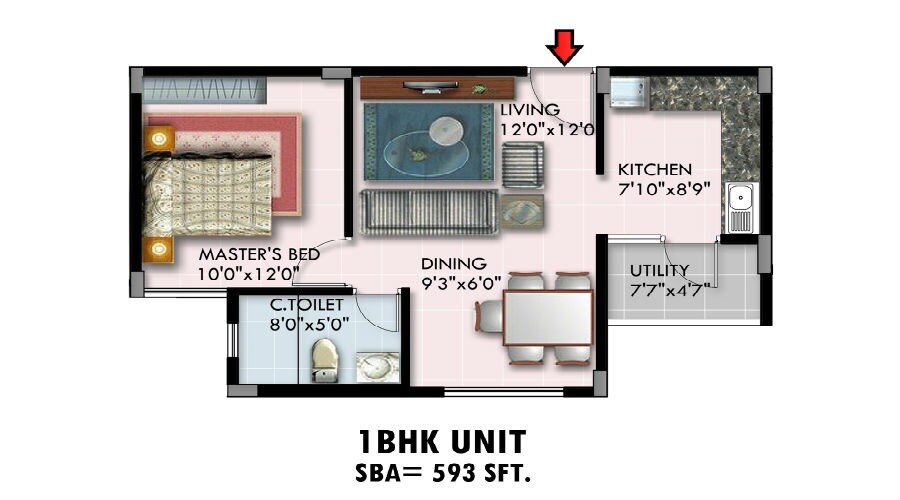 Floor plan of 1 BHK 593 Sq. Ft. Apartment in CMRS Quanta, Bangalore