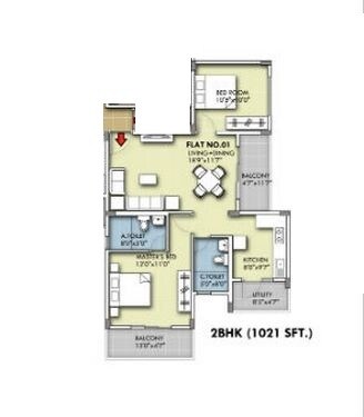 Floor plan of 2 BHK 1021 Sq. Ft. Apartment in CMRS Quanta, Bangalore