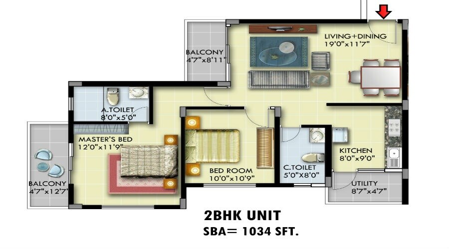 Floor plan of 2 BHK 1034 Sq. Ft. Apartment in CMRS Quanta, Bangalore