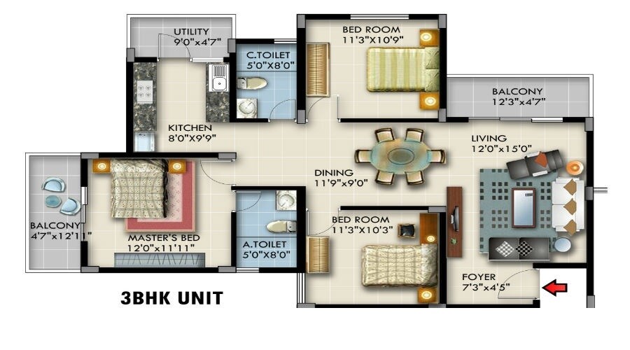 Floor plan of 3 BHK 1326 Sq. Ft. Apartment in CMRS Quanta, Bangalore