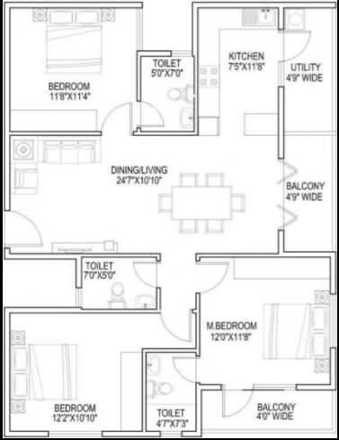 Floor plan of 3 BHK 1380 Sq. Ft. Apartment in CMRS Royal Orchid, Bangalore