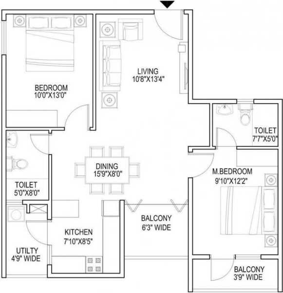 Floor plan of 3 BHK 1410 Sq. Ft. Apartment in CMRS Royal Orchid, Bangalore