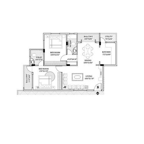 Floor plan of 2 BHK 1051 Sq. Ft. Apartment in CMRS Sunny Dew, Bangalore
