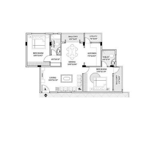 Floor plan of 2 BHK 1091 Sq. Ft. Apartment in CMRS Sunny Dew, Bangalore