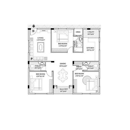 Floor plan of 2 BHK 1174 Sq. Ft. Apartment in CMRS Sunny Dew, Bangalore